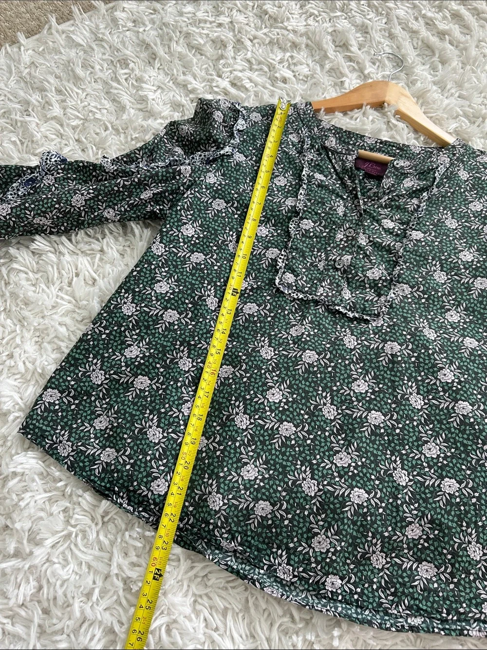 J. Crew Liberty Dark Green Floral Ruffle-Trim Blouse